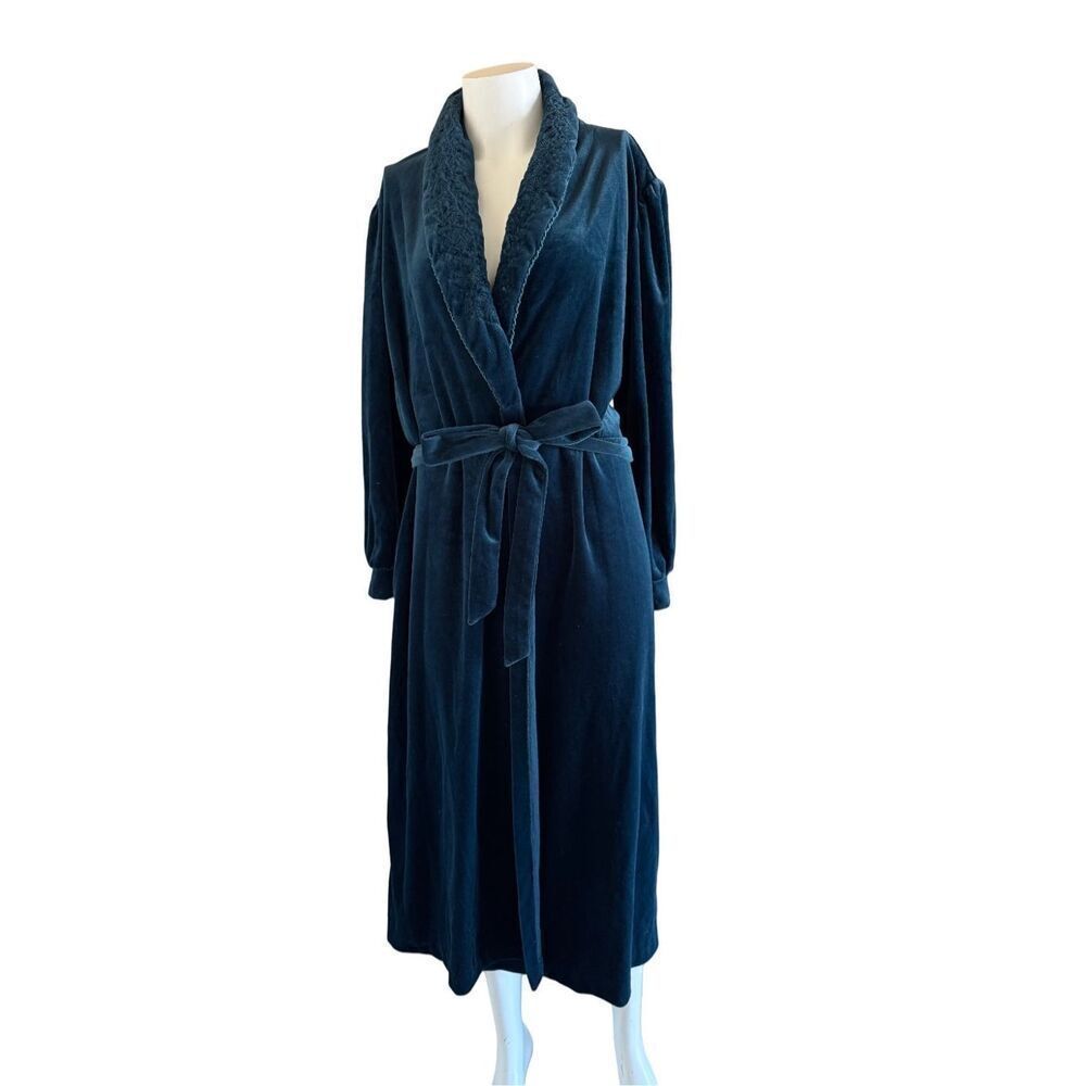 Women's medium vintage emerald green plush 90s full-length robe floral collar